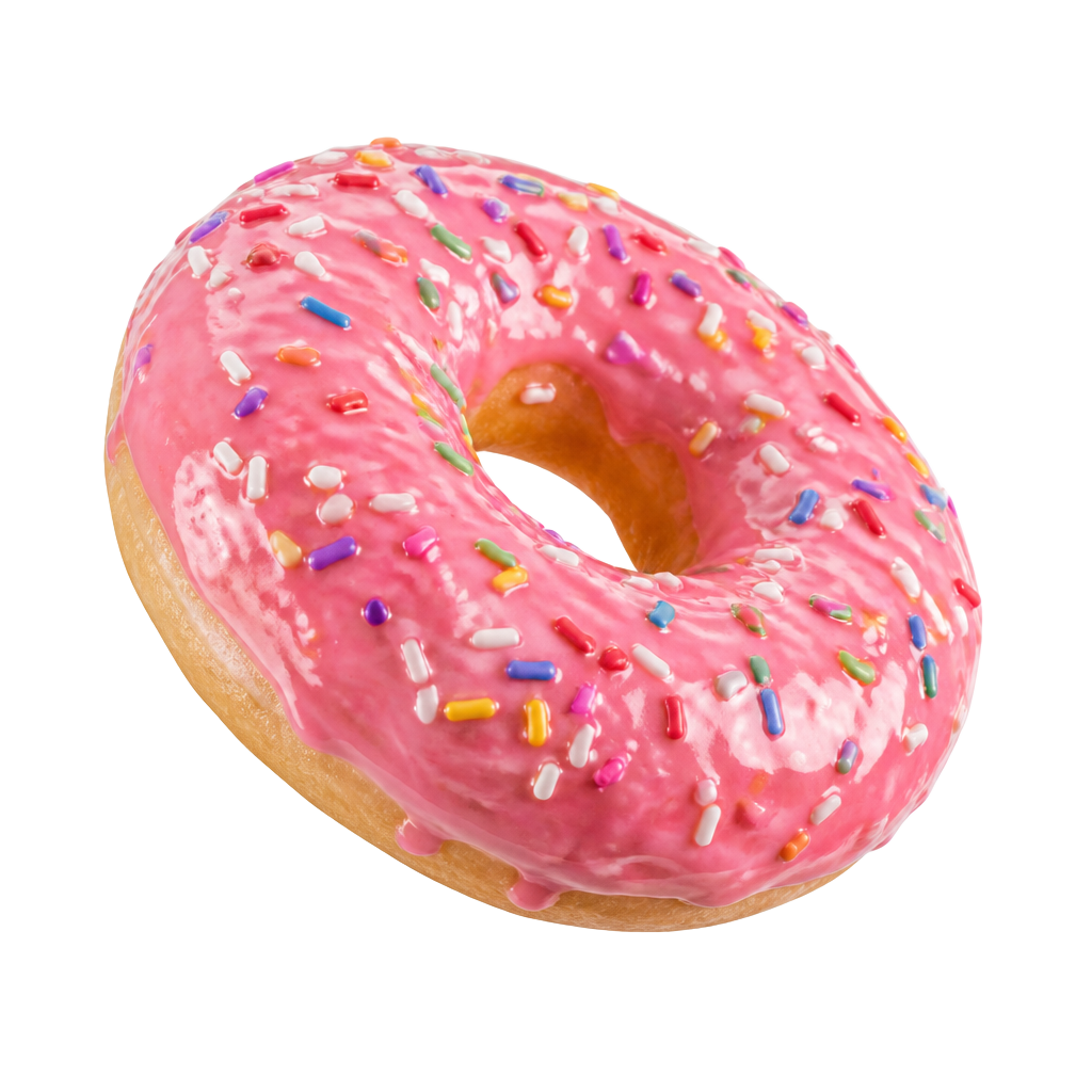 Mini donut rosa com cobertura brilhante e confeitos coloridos